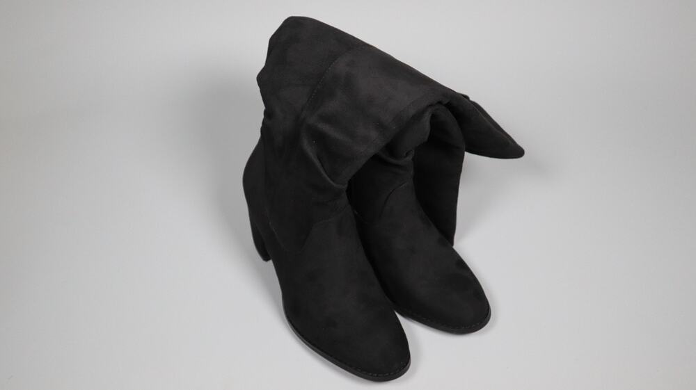 Juliet Holy Black Knee High Boots Women Chunky Heel Wide Calf Suede Size 7.5